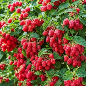 May include: A dense cluster of ripe, vibrant red raspberries hanging from green stems with serrated leaves. The fruit is textured with small drupelets, showing various stages of ripeness across the lush, leafy green raspberry bush.