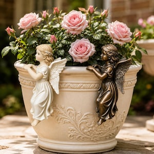 May include: A beige planter pot featuring two angel figurines attached to the rim, one in a cream finish and one in a bronze finish, filled with a lush rose bush displaying multiple light pink rose blossoms and green leaves.