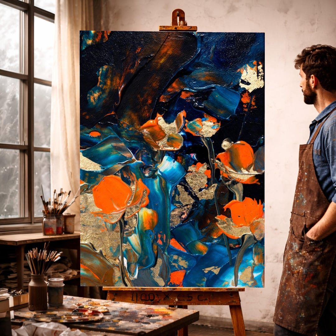 Abstract Floral Oil Painting Canvas, Blue and Orange Flower Art ...