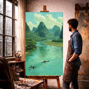 Può includere: Un dipinto a olio su un cavalletto raffigura una serena scena fluviale con lussureggianti montagne verdi e piccole barche. L'opera d'arte è in un ambiente da studio, con una persona con un grembiule che guarda il dipinto.