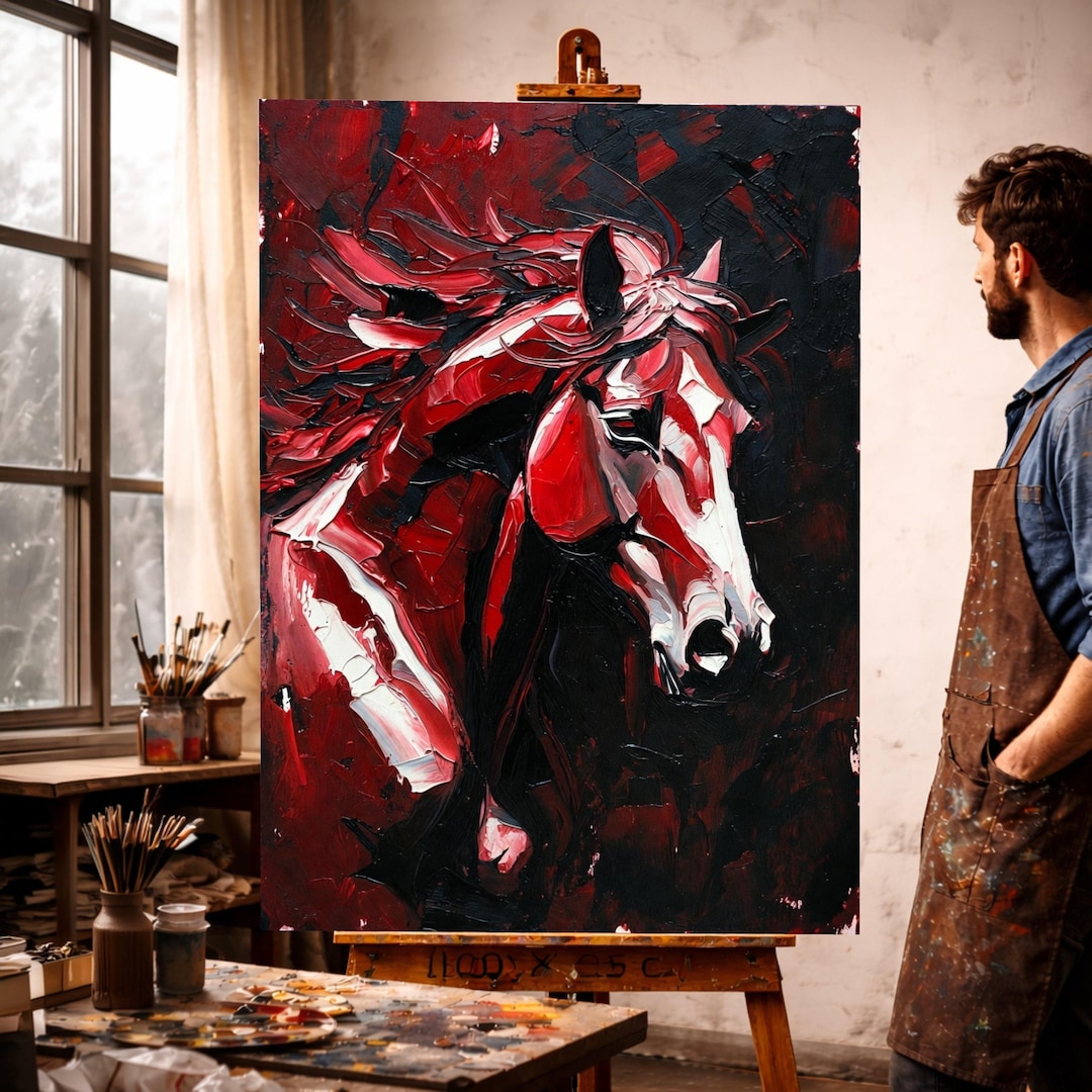 Abstract Red Horse Canvas Wall Art, Modern Oil Painting, Bold Animal ...