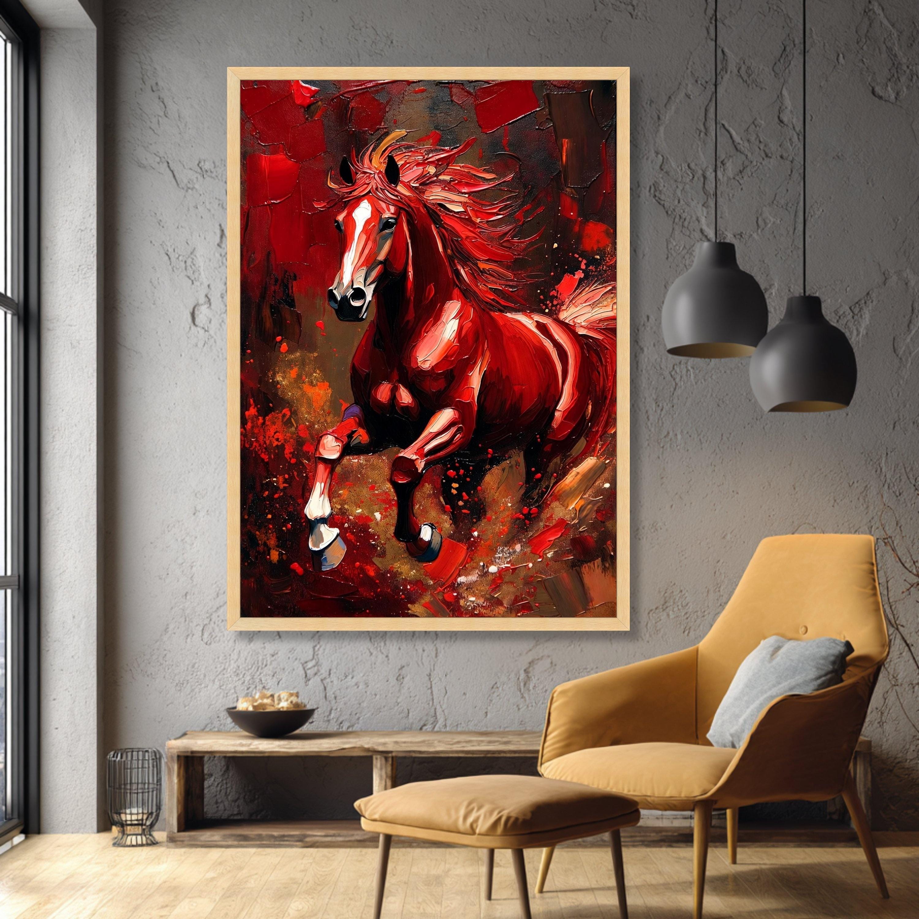 Dynamic Red Horse Canvas Wall Art, Abstract Running Horse Oil Painting ...