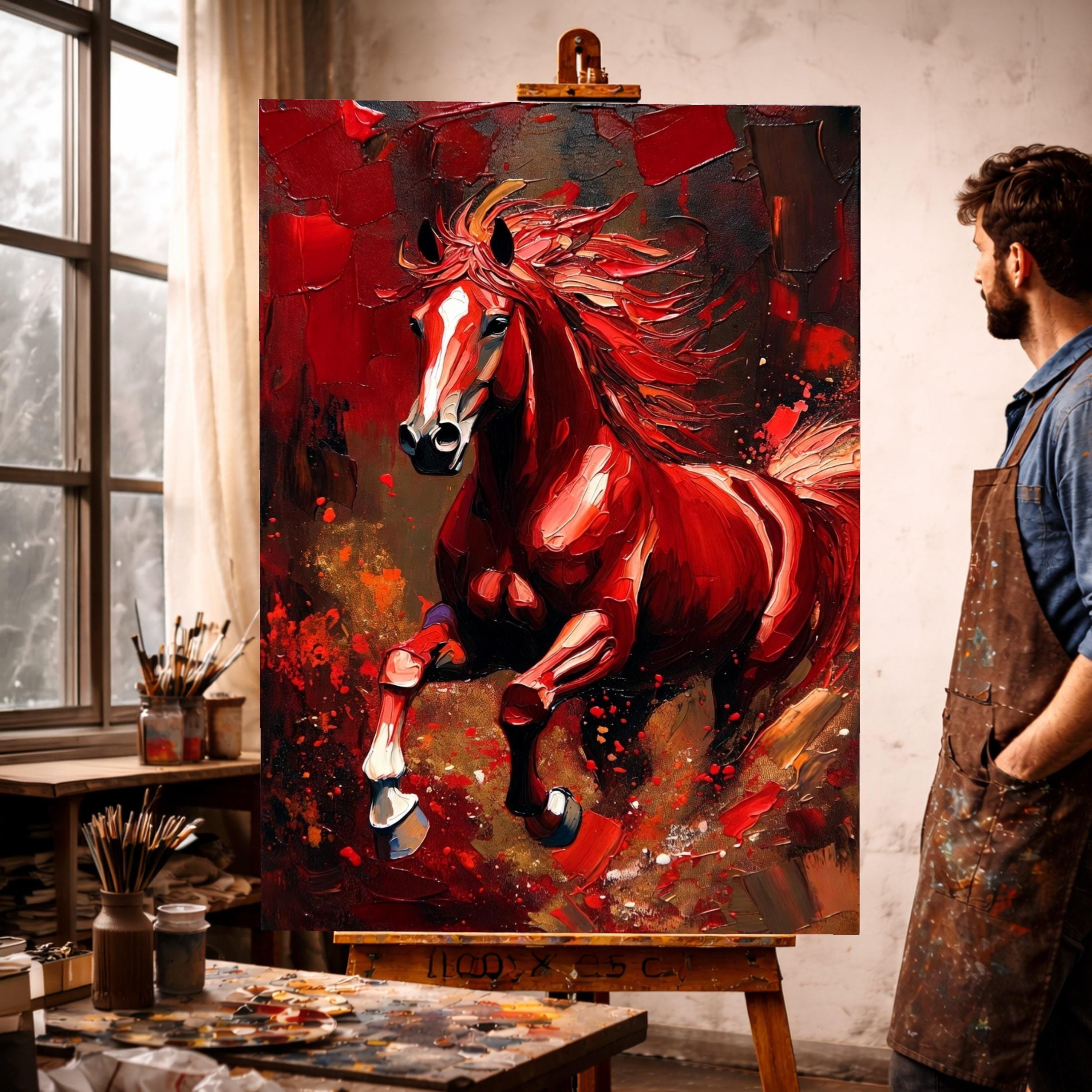 Dynamic Red Horse Canvas Wall Art, Abstract Running Horse Oil Painting ...