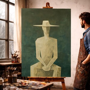 Textured Abstract Figure with Wide Hat Oil Painting Canvas, Modern Minimalist Wall Art, Geometric Human Form, Neutral Tones Decoration
