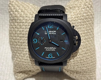 Reloj de pulsera Panerai Luminor Marina automático vintage para hombre, de acero inoxidable, esfera negra y correa de cuero negra, 44 mm. Envío gratuito.