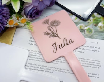 Gepersonaliseerde gegraveerde draagbare make-upspiegel, aangepaste naam bloemen vierkante handspiegel, draagbare ijdelheid bruiloft gunst voor haar