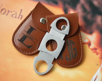 Gepersonaliseerde gegraveerde sigarenknipper met leren tas - aangepast Vaderdagcadeau voor vader, bruidsjonkers getuige huwelijkscadeau