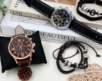 Cadeauset heren | Vintage echt leren horloge met multifunctionele wijzerplaat + handgeweven schedelarmbandenset, een accessoireset voor dagelijks gebruik voor heren.