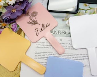 Personalized Name Handheld Makeup Mirror, Custom Engraved Floral Square Hand Mirror, Bridesmaid Proposal Gift, Custom Name Vanity Mirror