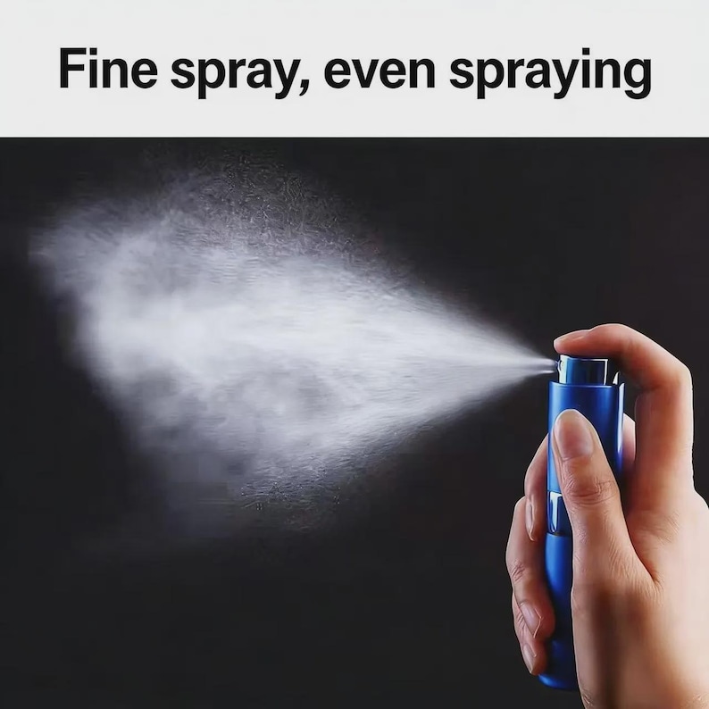 May include: A blue cylindrical spray bottle emitting a fine mist, with the text "Fine spray, even spraying" displayed at the top. The device features a metallic finish and a pump mechanism designed for consistent distribution of liquid contents.