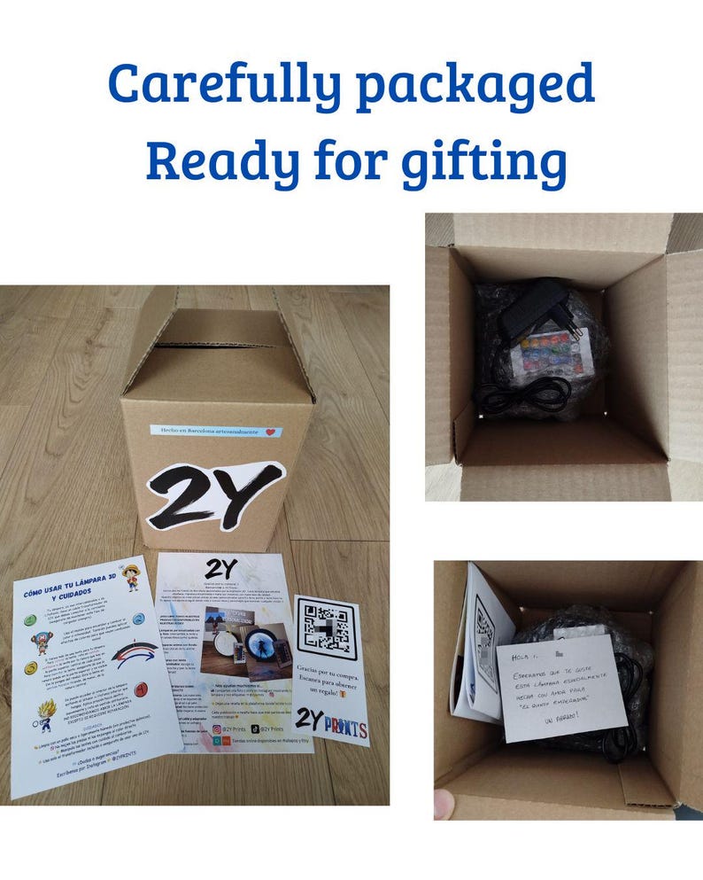Puede incluir: Una caja de cart&oacute;n marr&oacute;n con el texto "2Y" y las palabras "Carefully packaged Ready for gifting" en azul. Dentro de la caja hay un objeto negro envuelto en pl&aacute;stico. Tambi&eacute;n hay instrucciones impresas y una nota de agradecimiento.