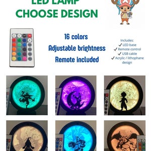 Puede incluir: L&aacute;mpara LED con dise&ntilde;o a elegir, con 16 colores y brillo ajustable. Incluye mando a distancia y cable USB. La imagen muestra varias l&aacute;mparas con diferentes dise&ntilde;os de personajes, cada una iluminada en varios colores.