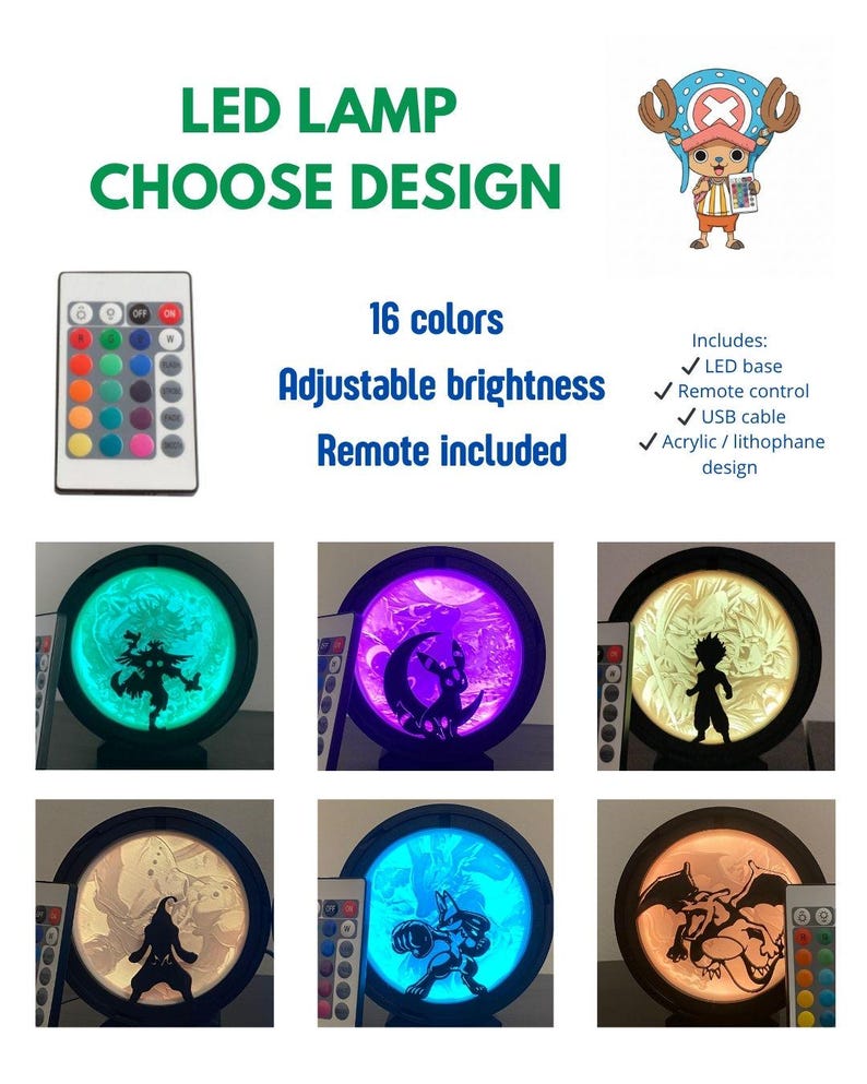 Puede incluir: L&aacute;mpara LED con dise&ntilde;o a elegir, con 16 colores y brillo ajustable. Incluye mando a distancia y cable USB. La imagen muestra varias l&aacute;mparas con diferentes dise&ntilde;os de personajes, cada una iluminada en varios colores.