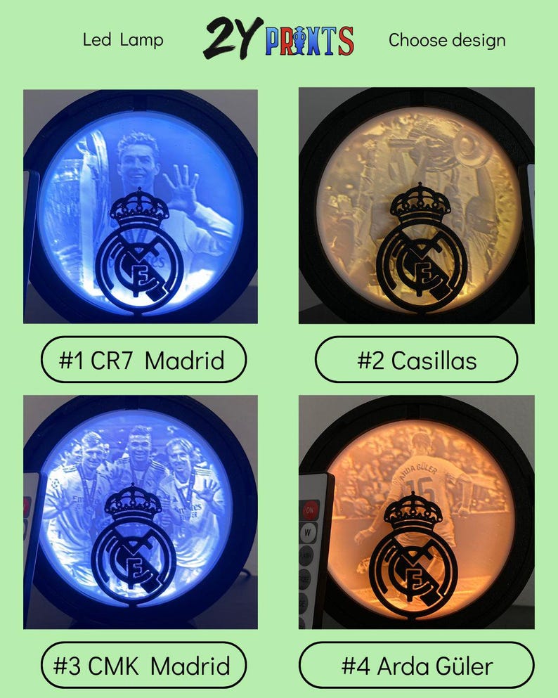 Puede incluir: Cuatro l&aacute;mparas LED redondas con el logo del Real Madrid e im&aacute;genes de jugadores. Las l&aacute;mparas tienen un marco negro y est&aacute;n etiquetadas con nombres y n&uacute;meros de jugadores. El texto "Led Lamp" y "2Y PRINTS Choose design" est&aacute;n en la parte superior.