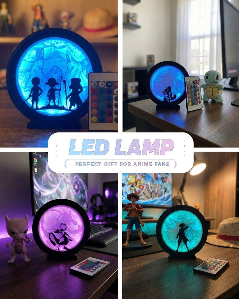 Puede incluir: L&aacute;mpara LED circular con siluetas de personajes de anime e iluminaci&oacute;n LED que cambia de color. Incluye un mando a distancia para ajustar el color de la luz. Un regalo perfecto para los fans del anime.