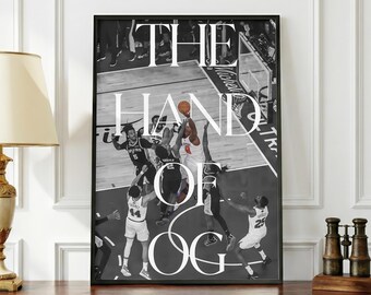 Poster dei Campioni New York Knicks La Mano di OG / Poster della Gara 4 delle Finali NBA / Estetica della Mano di Dio di Anunoby OG / Poster editoriale moderno