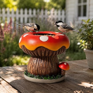 Buntes Fliegenpilz-Futterhaus mit gepunkteter Kappe für Gartenvögel