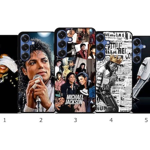 May include: A collection of five phone cases featuring images of Michael Jackson. The cases display various portraits and iconic poses of the artist, including a black and white design and a collage with the text "MICHAEL JACKSON".