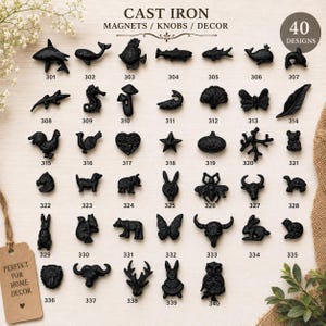 May include: A collection of 40 black cast iron decorative items arranged in a grid, labeled with numbers 301 through 340. The items feature various shapes including animals, insects, plants, and symbols. The text CAST IRON MAGNETS / KNOBS / DECOR is visible.