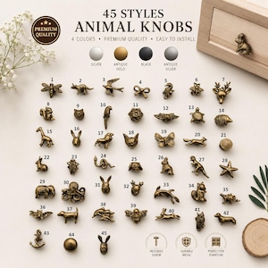 Puede incluir: Exhibición de 45 tiradores con forma de animales en acabados dorado antiguo, plateado y negro. Los tiradores son de metal duradero e incluyen tornillos para una fácil instalación. El texto dice "45 STYLES ANIMAL KNOBS".