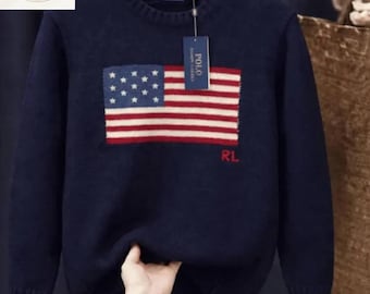 Authentic Polo Ralph Lauren USA Flag Sweater || Vintage American Flag Wool Knit Jumper