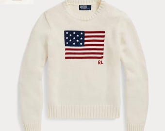 Authentic Polo Ralph Lauren USA Flag Sweater || Vintage American Flag Wool Knit Jumper Cream
