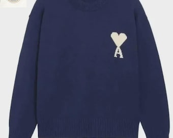 Ami Paris Heart Logo Knit Crewneck Sweater Handmade || Unisex Cotton Pullover
