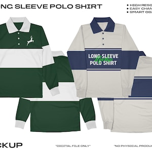 Puede incluir: Maqueta de polos de manga larga en verde, blanco y azul marino. Una camisa tiene un logotipo de ciervo. El texto "LONG SLEEVE POLO SHIRT" se muestra en las camisas. La imagen también incluye el texto "MOCKUP".