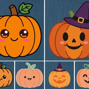 Peut inclure: Une collection de six illustrations de citrouilles orange sur un fond en jean bleu foncé. Les citrouilles présentent diverses expressions, dont des visages souriants aux joues roses, et certaines portent des chapeaux de sorcière violets.