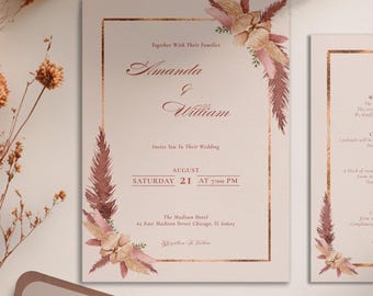 Rust Pampas Wedding Invitation Suite Template,Terracotta Invite Set,Desert Wedding Invitation,Bohemian Wedding Invite,Instant Download