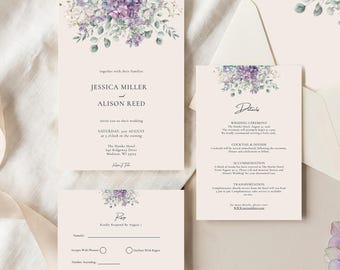 Hydrangea Wedding Invitation Suite Template,lavender Blue Floral Wedding Invite Set,Elegant Garden Wedding Invitation,Lilac Floral Invite