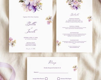 Watercolor Floral Wedding Invitation Suite Template,Romantic Magnolia Invite Set,Blush Pink Floral Invite,Instant Download