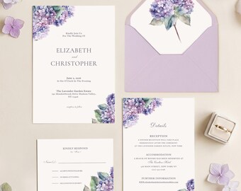 Purple Hydrangea Wedding Invitation Suite Template,Watercolor Floral Invite Set,Romantic Garden Wedding Invitation,Instant Download