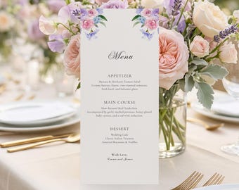 Englischer Garten Hochzeitsmenü Vorlage, Pastell Blumen Hochzeitsmenü Karte,Romantisches Garten Hochzeitsmenü,Empfang Menü Karte,Garten Party Menü