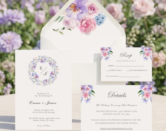 Garden Wedding Invitation Suite Template,Watercolor Invite Set,Colorful Wedding Invitation,Digital Download