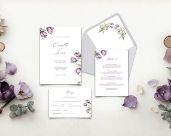 Elegant Floral Wedding Invitation Suite Template,Romantic Tulip Invite Set,Purple Floral Invitation,(Digital Download)