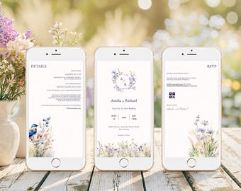 Jardin Du Lys,Digital Wedding Invitation Set,Mobile Wedding Invite,Wildflower Wedding Evite,QR Code RSVP,Instant Download,Editable Evite