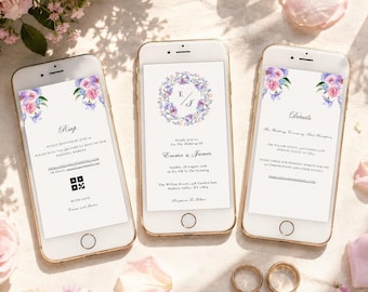Purple Pink Pastel Floral Digital Wedding Invitation Suite,Garden Wedding Evite,Mobile Wedding Invite,QR Code RSVP,E-Invite,Instant Download