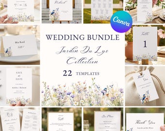 Jardin Du Lys Wedding Stationery Bundle Template,Wildflower Wedding Invitation Suite,Wedding Day Bundle,Garden Wedding Invite,Canva Template