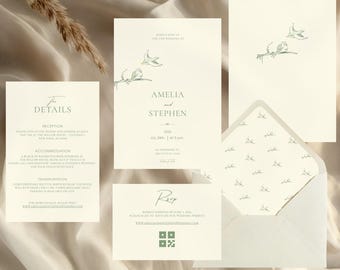 Minimalist Wedding Invitation Suite Template,Bird Illustration Invite Set,QR Code RSVP,3 Envelope Liner Options,Instant Download