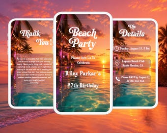 Beach Party Birthday Video Invitation,Tropical Sunset Party Invite Template,Editable Canva Mobile Invite,Animated Digital Birthday Invite