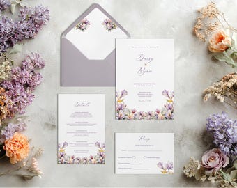 Watercolor Purple Wedding Invitation Suite Template,Lilac Peach Invite,Editable Template,Instant Download,3 Envelope Liner Options