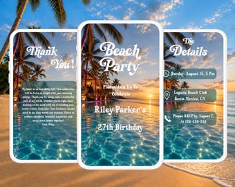 Beach Party Birthday Video Invitation,Ocean Sunset Party Invite Template,Editable Canva Mobile Invite, Animated Digital Birthday Invite