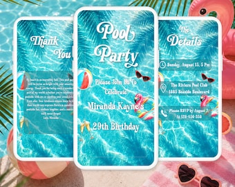 Retro Pool Party Birthday Video Invitation,Summer Pool Party Digital Invite,Editable Canva Video Invitation,Adult Pool Party Invite