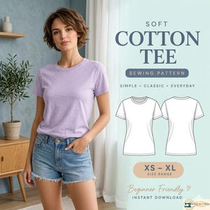 May include: A woman wearing a light purple cotton tee shirt and denim shorts. The image includes a sewing pattern for a soft cotton tee shirt, with the text "SOFT COTTON TEE" and "SEWING PATTERN". The pattern is beginner friendly and available for instant download.