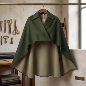 May include: A forest green cape with a wide collar and a lighter olive green interior lining. The garment features a structured lapel design and a flared, asymmetrical hemline. A small tag is attached to the collar, and the text Natural Fiber Wool Handcrafted is visible on a small plaque in the lower right corner.