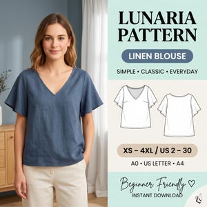 May include: A woman wearing a blue linen blouse with a V-neck and short, flared sleeves. The image includes a pattern design for a linen blouse, with the text "LUNARIA PATTERN" and "LINEN BLOUSE". The pattern is beginner-friendly and available in sizes XS-4XL.