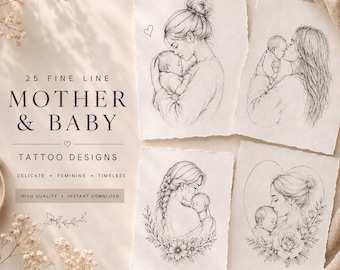 25 diseños de tatuajes de líneas finas para madre e hijo, delicados y femeninos (descarga digital)