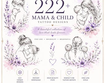 Paquete de más de 222 diseños de tatuajes de madre e hijo / Tatuajes de maternidad de líneas finas / Colección de tatuajes familiares minimalistas