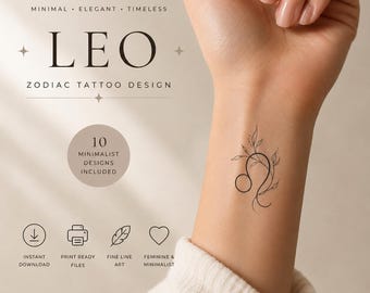 Diseños de tatuajes del signo zodiacal Leo / 10 diseños minimalistas de astrología de líneas finas (descarga digital)